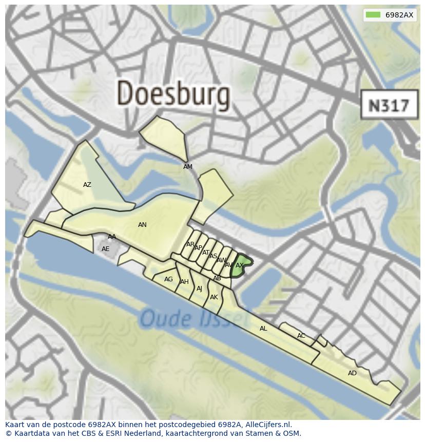 Afbeelding van het postcodegebied 6982 AX op de kaart.