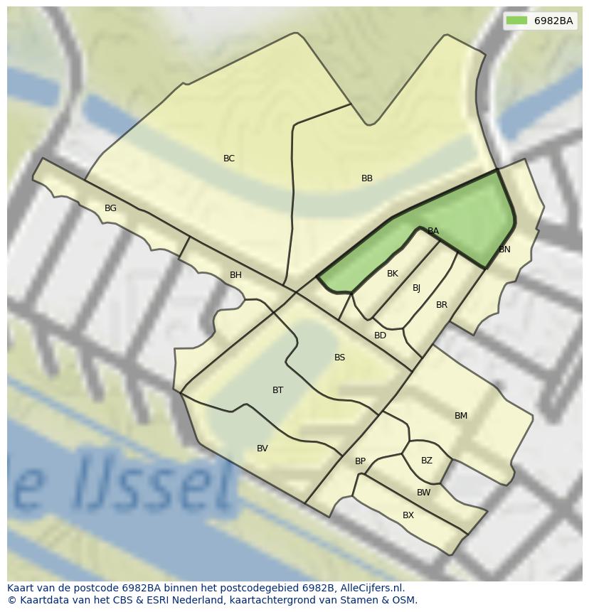 Afbeelding van het postcodegebied 6982 BA op de kaart.