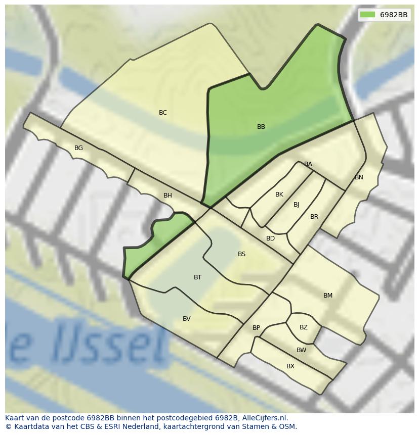 Afbeelding van het postcodegebied 6982 BB op de kaart.