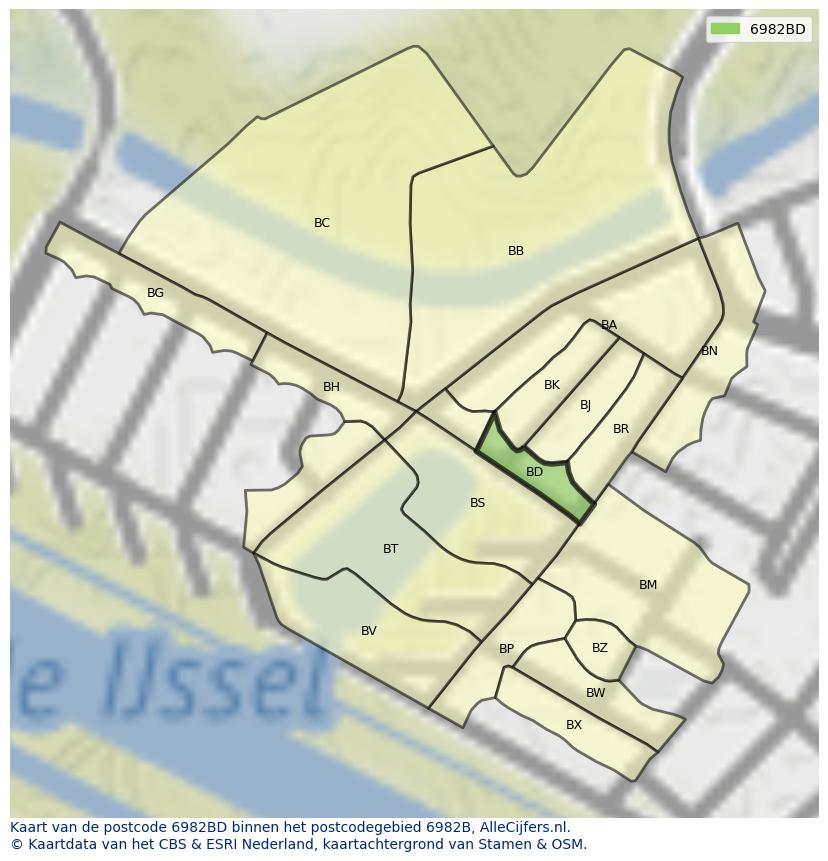 Afbeelding van het postcodegebied 6982 BD op de kaart.