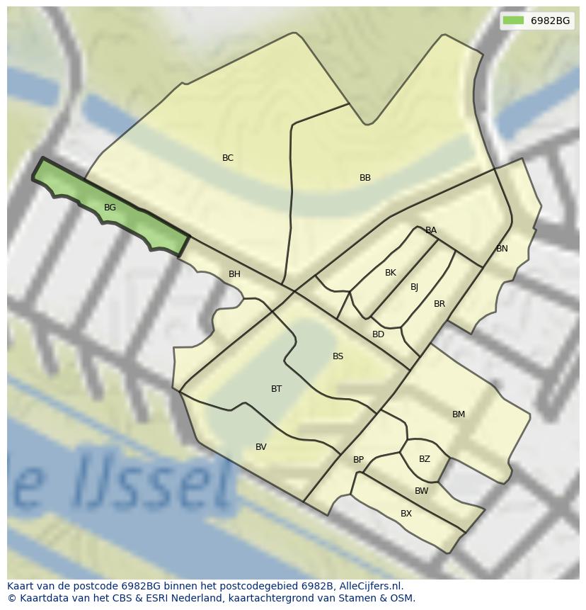 Afbeelding van het postcodegebied 6982 BG op de kaart.