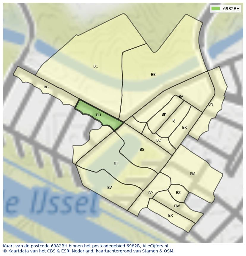 Afbeelding van het postcodegebied 6982 BH op de kaart.