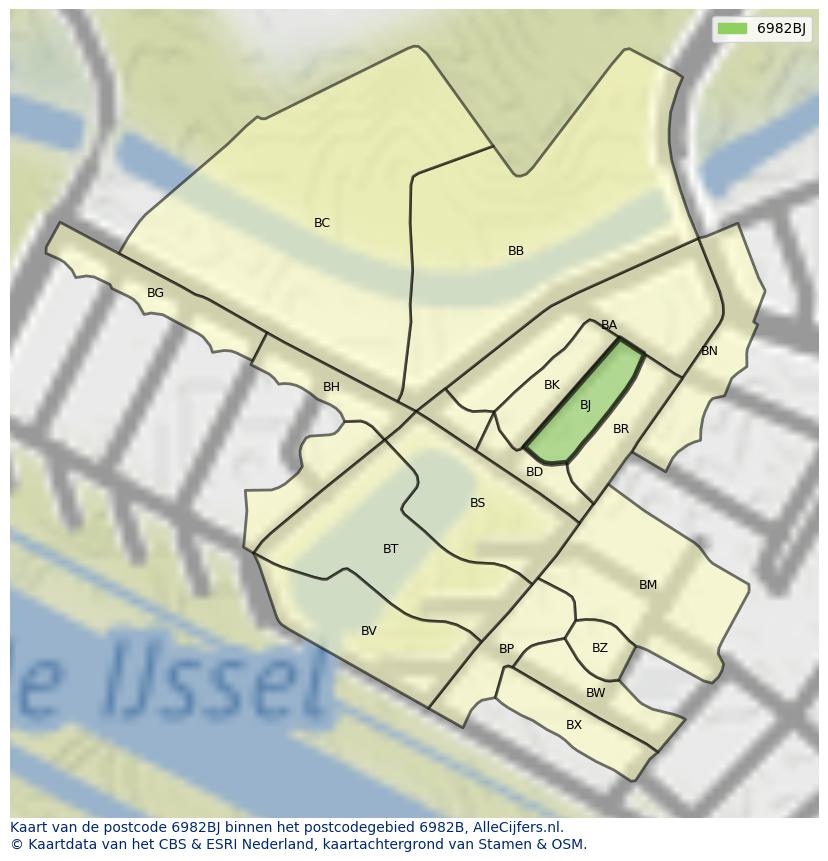 Afbeelding van het postcodegebied 6982 BJ op de kaart.