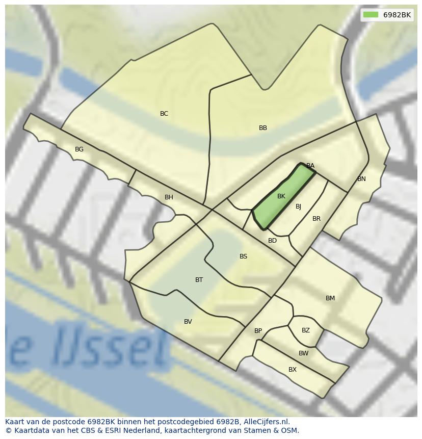Afbeelding van het postcodegebied 6982 BK op de kaart.