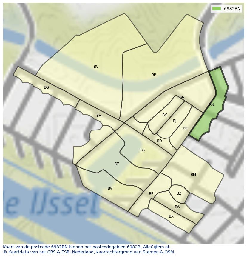 Afbeelding van het postcodegebied 6982 BN op de kaart.