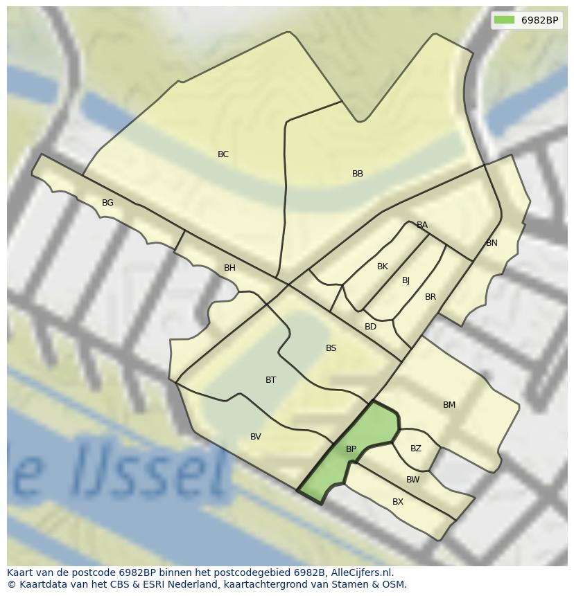 Afbeelding van het postcodegebied 6982 BP op de kaart.