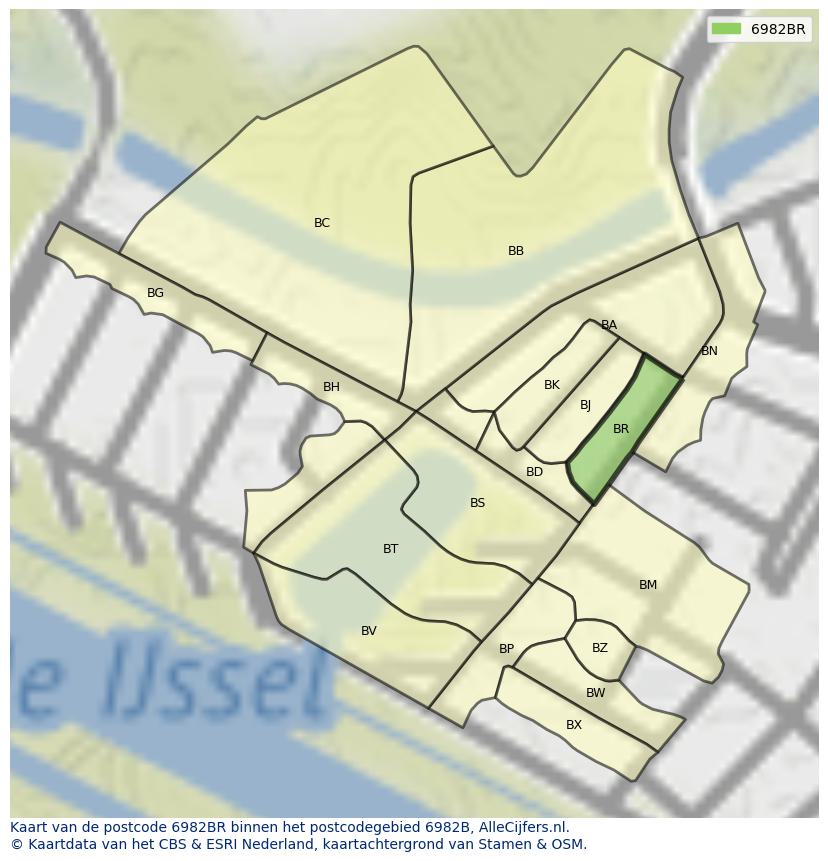 Afbeelding van het postcodegebied 6982 BR op de kaart.