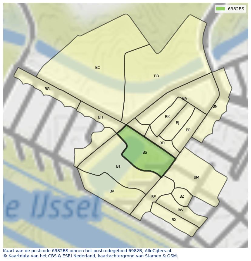 Afbeelding van het postcodegebied 6982 BS op de kaart.