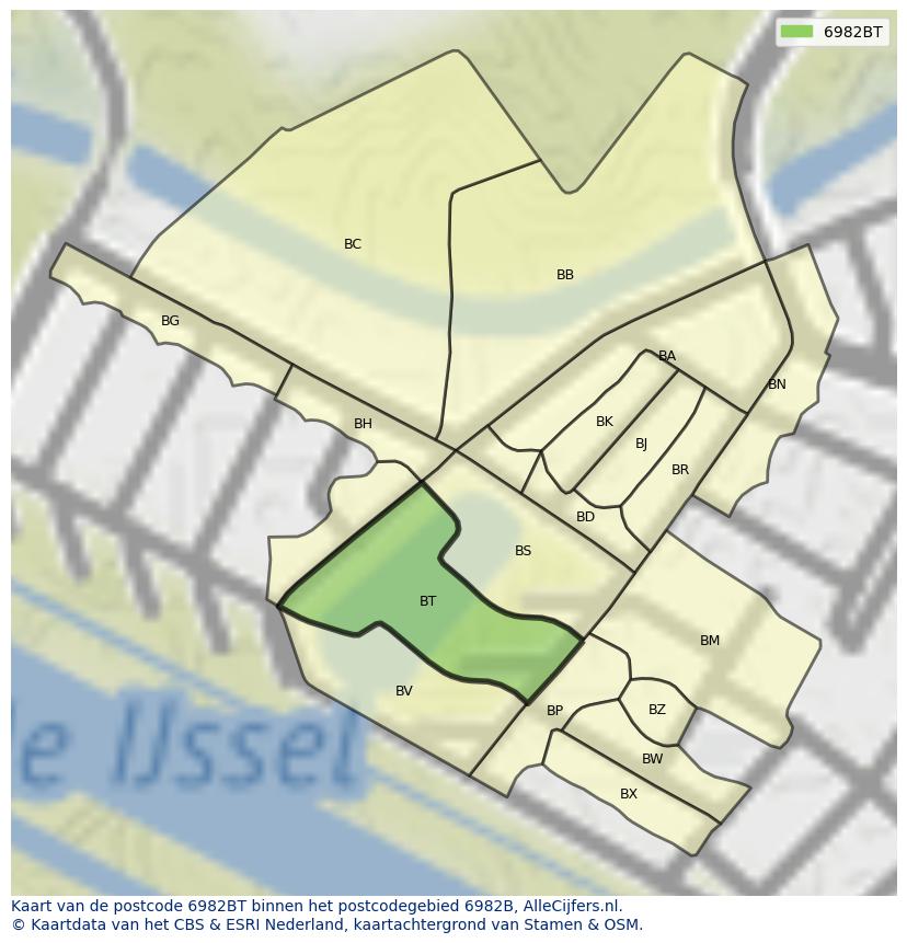 Afbeelding van het postcodegebied 6982 BT op de kaart.