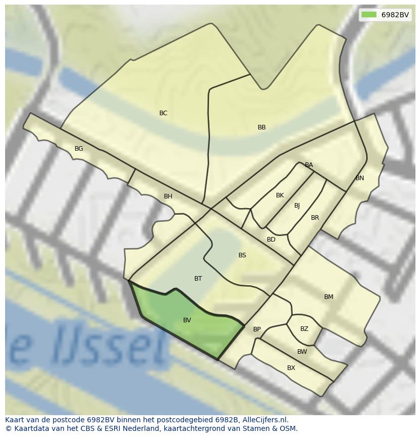 Afbeelding van het postcodegebied 6982 BV op de kaart.