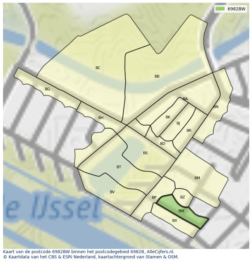 Afbeelding van het postcodegebied 6982 BW op de kaart.