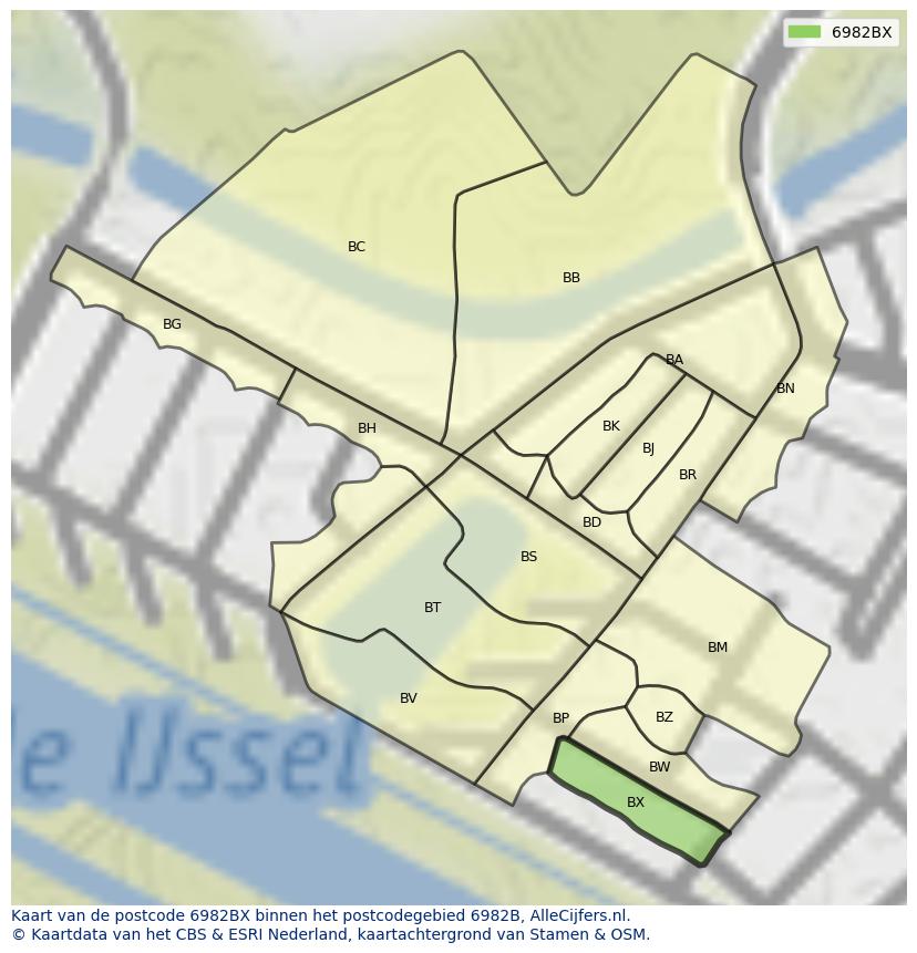 Afbeelding van het postcodegebied 6982 BX op de kaart.