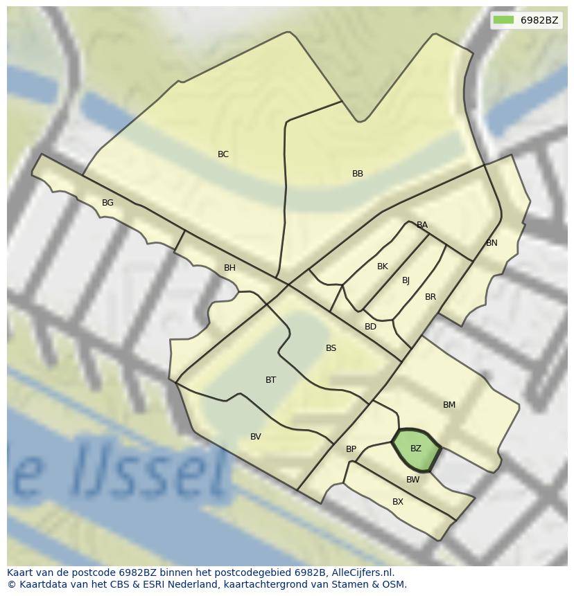 Afbeelding van het postcodegebied 6982 BZ op de kaart.