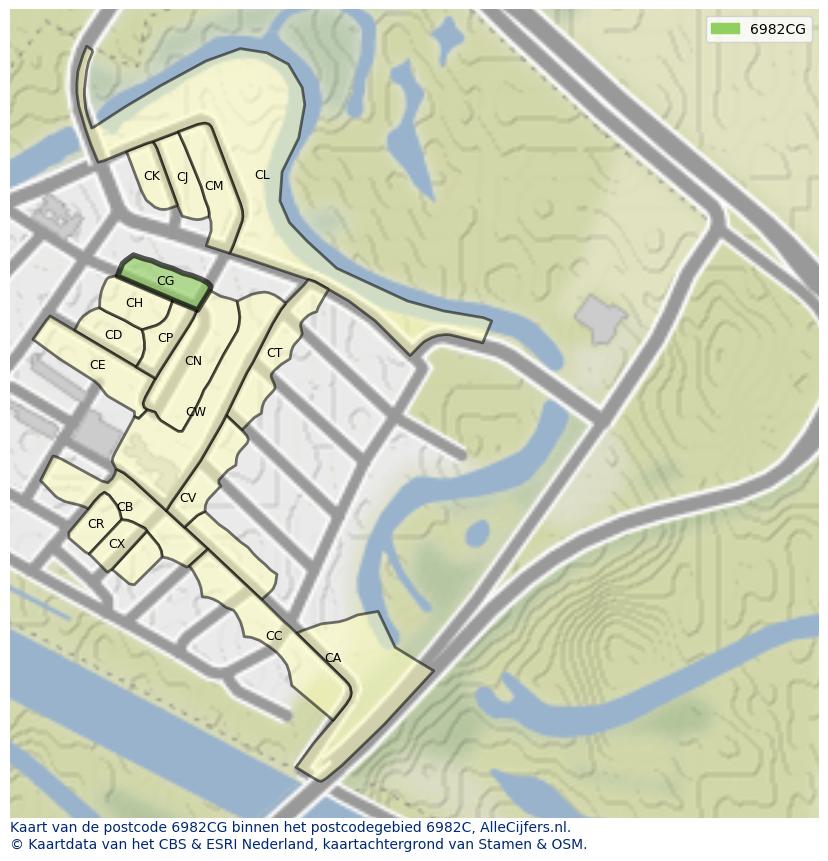 Afbeelding van het postcodegebied 6982 CG op de kaart.
