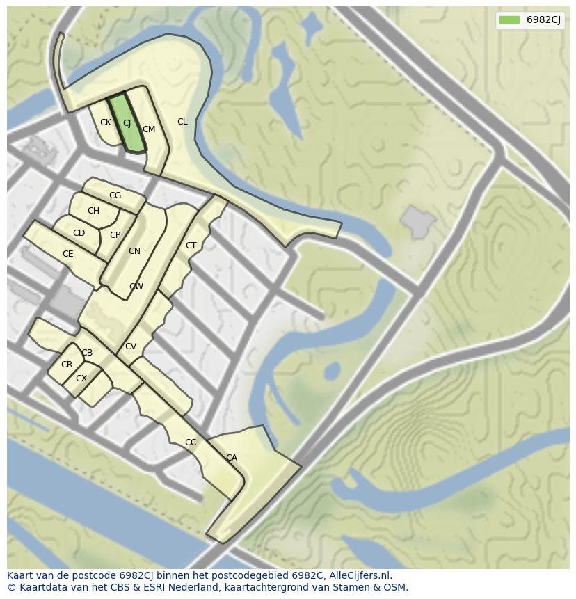 Afbeelding van het postcodegebied 6982 CJ op de kaart.