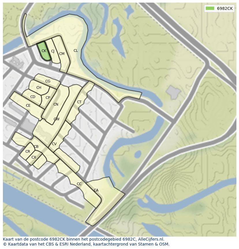 Afbeelding van het postcodegebied 6982 CK op de kaart.