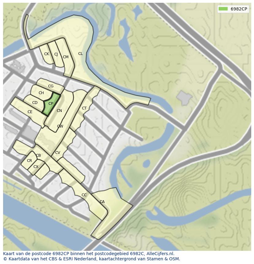 Afbeelding van het postcodegebied 6982 CP op de kaart.