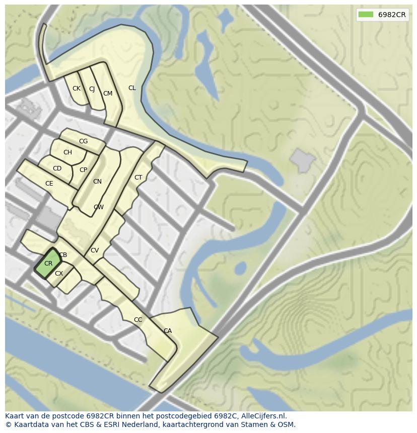 Afbeelding van het postcodegebied 6982 CR op de kaart.