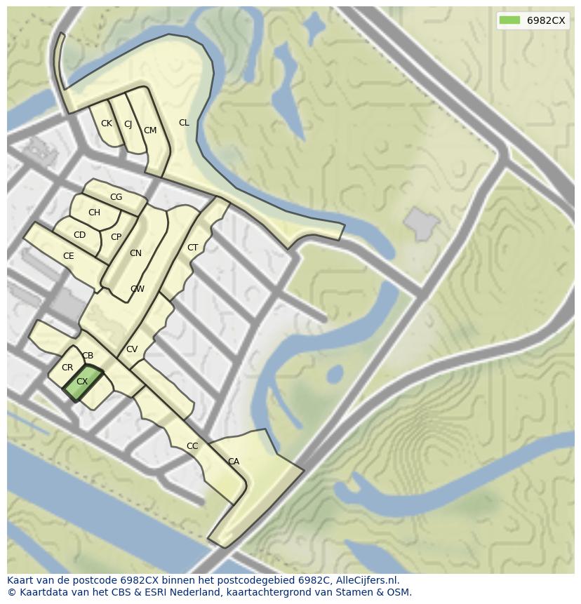 Afbeelding van het postcodegebied 6982 CX op de kaart.