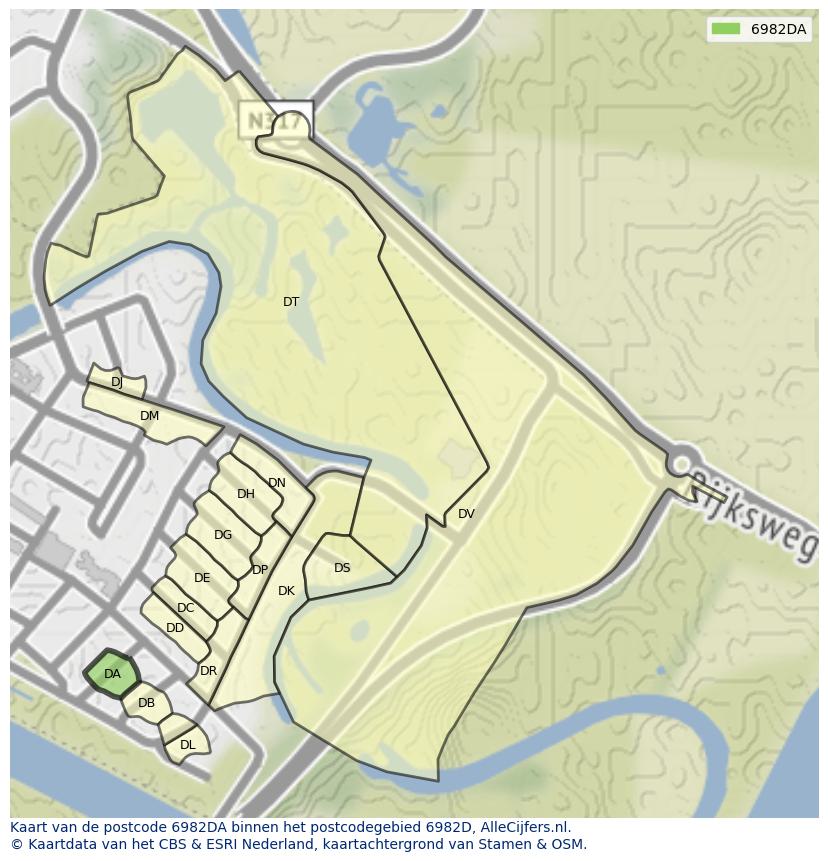 Afbeelding van het postcodegebied 6982 DA op de kaart.