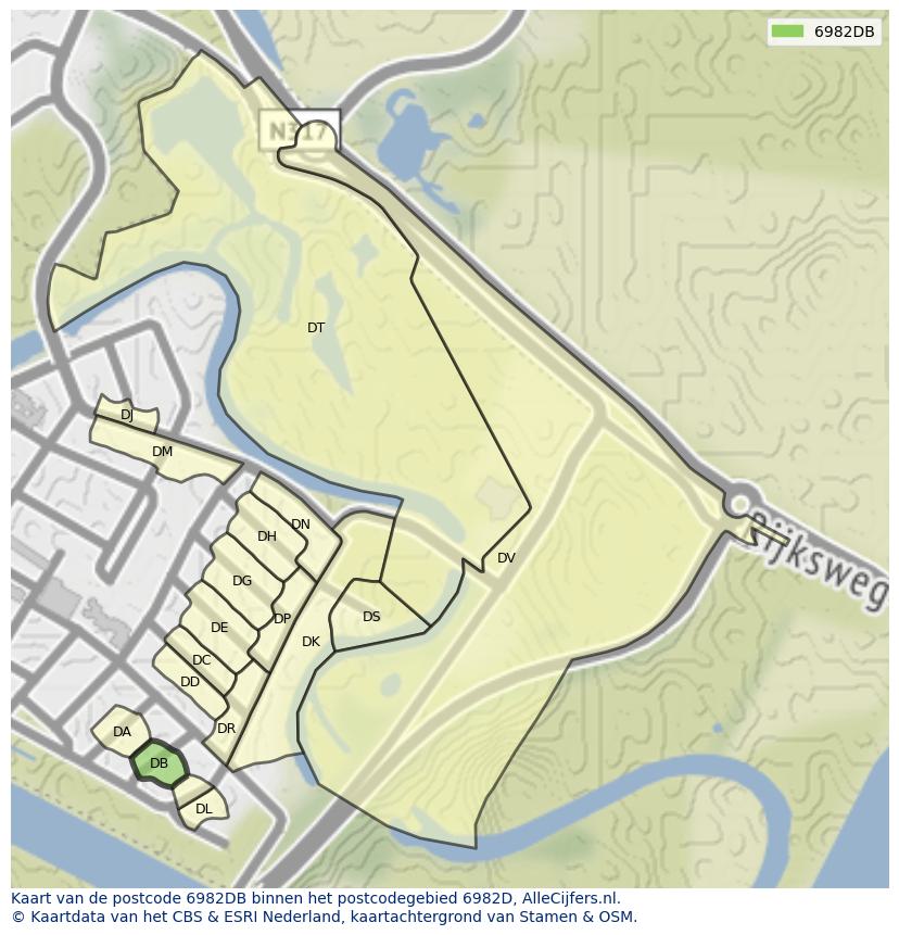 Afbeelding van het postcodegebied 6982 DB op de kaart.