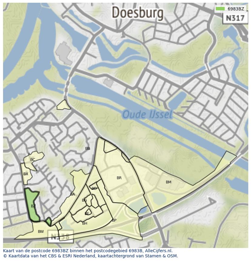 Afbeelding van het postcodegebied 6983 BZ op de kaart.