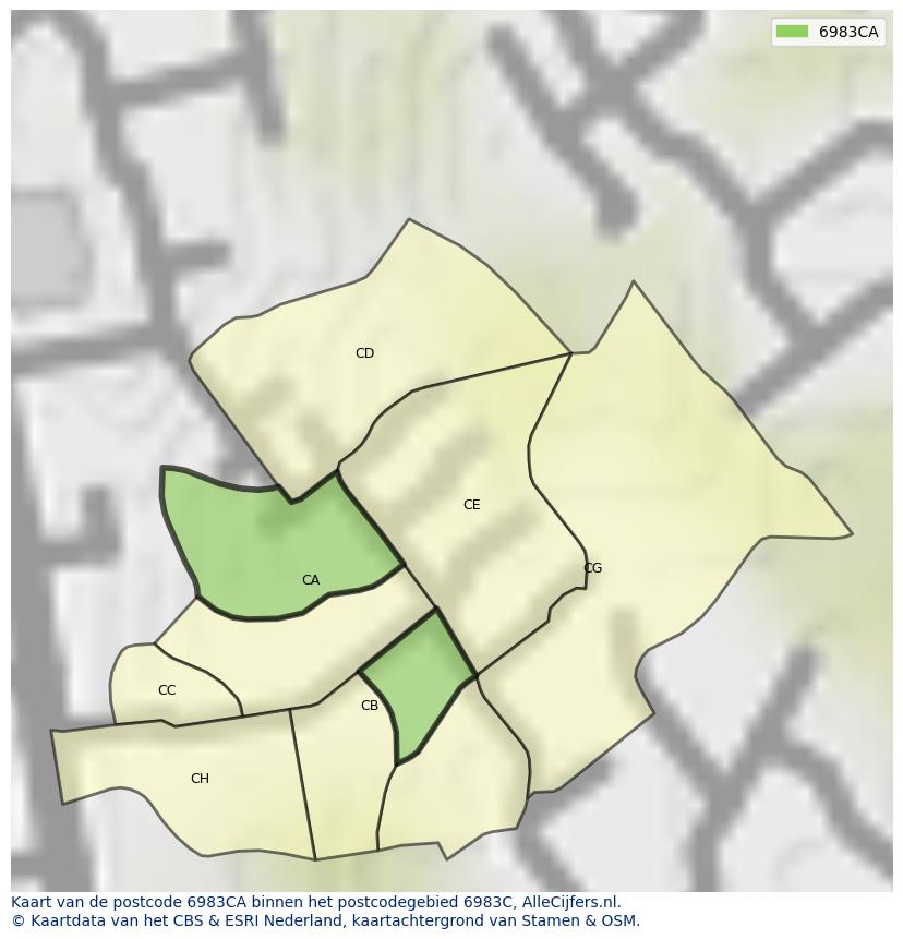 Afbeelding van het postcodegebied 6983 CA op de kaart.