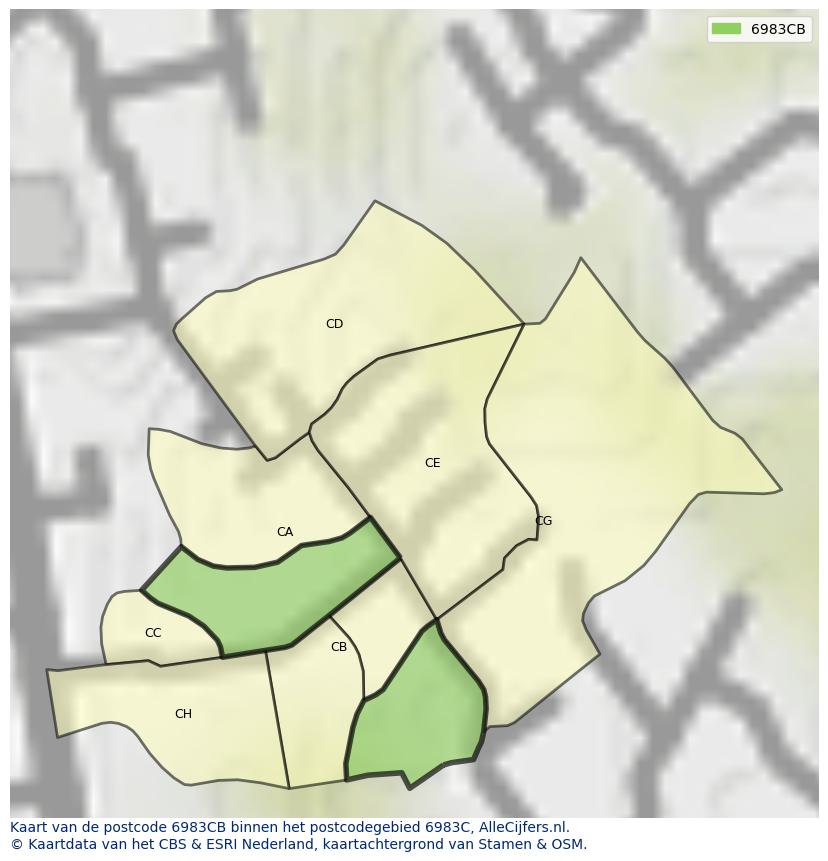 Afbeelding van het postcodegebied 6983 CB op de kaart.