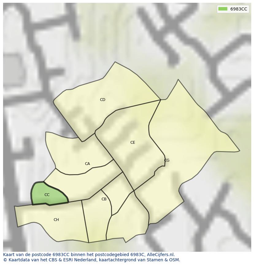 Afbeelding van het postcodegebied 6983 CC op de kaart.