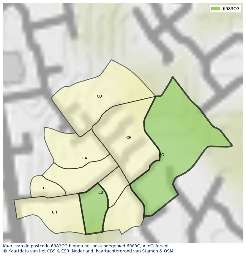 Afbeelding van het postcodegebied 6983 CG op de kaart.