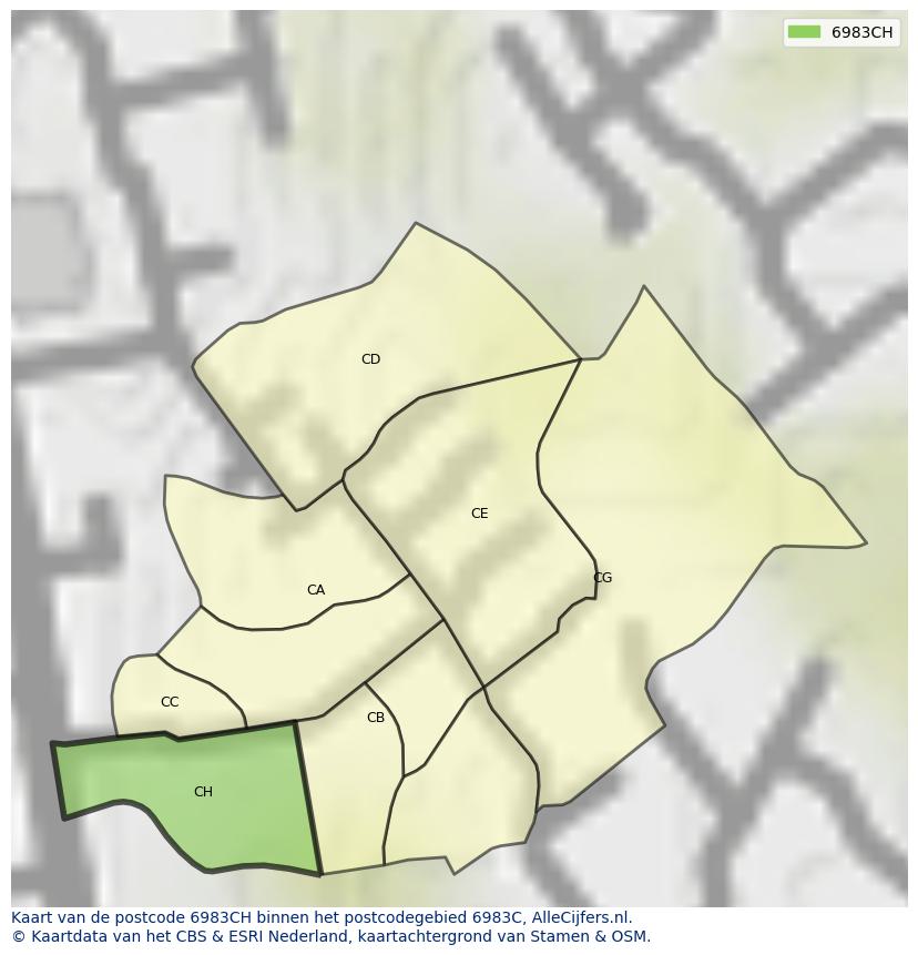 Afbeelding van het postcodegebied 6983 CH op de kaart.
