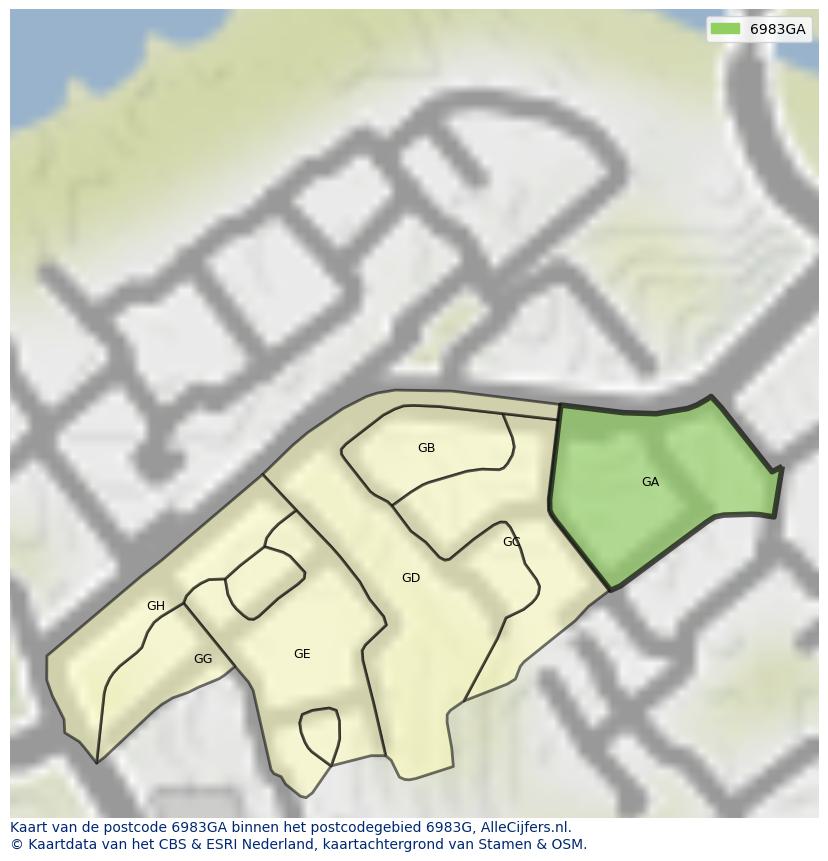 Afbeelding van het postcodegebied 6983 GA op de kaart.