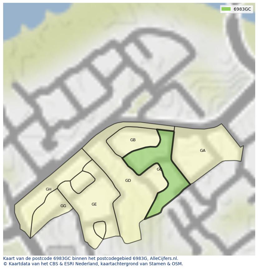 Afbeelding van het postcodegebied 6983 GC op de kaart.
