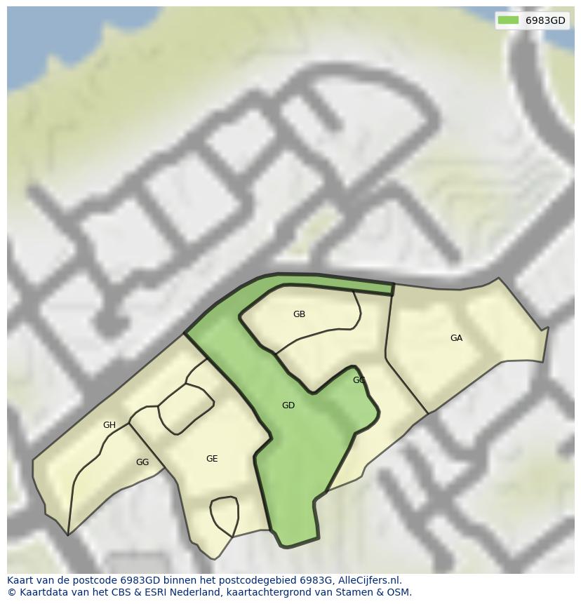 Afbeelding van het postcodegebied 6983 GD op de kaart.