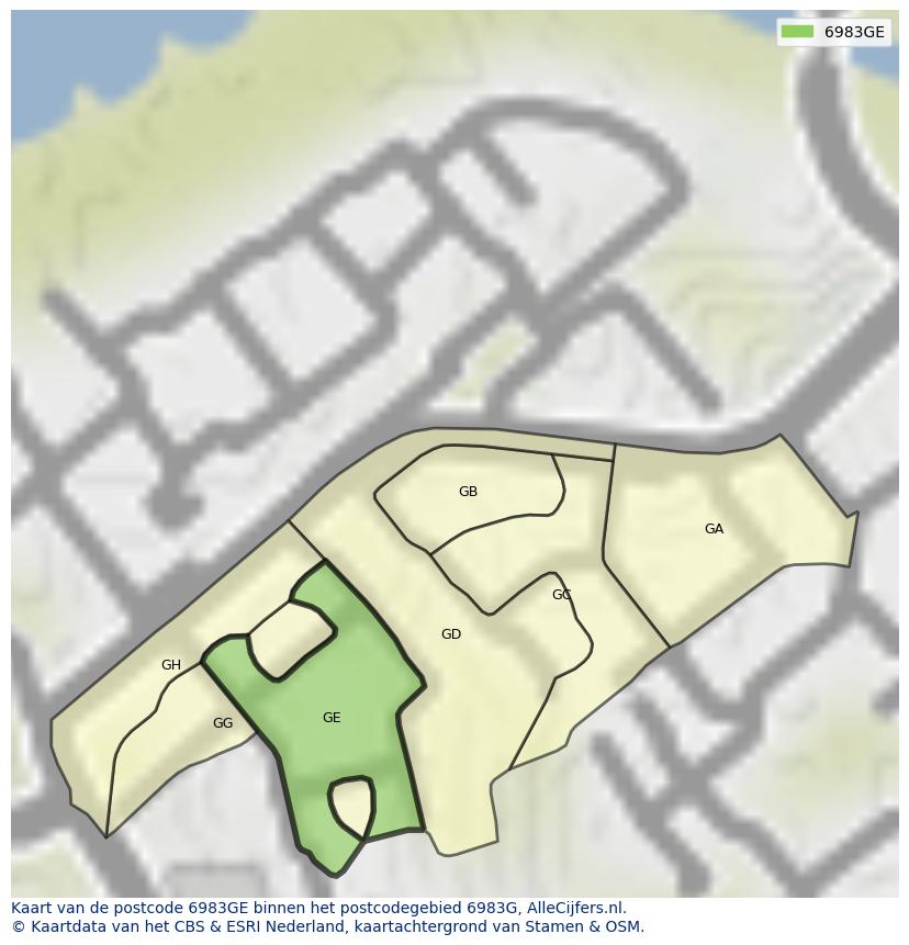 Afbeelding van het postcodegebied 6983 GE op de kaart.