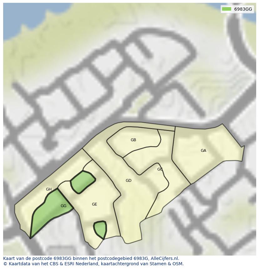 Afbeelding van het postcodegebied 6983 GG op de kaart.