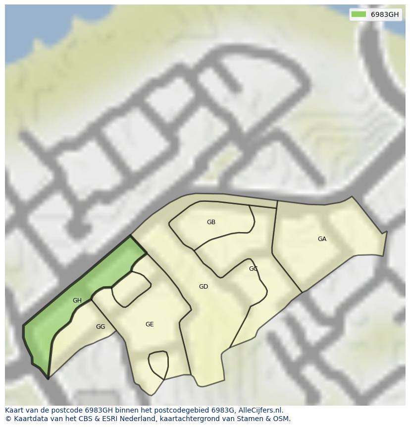 Afbeelding van het postcodegebied 6983 GH op de kaart.
