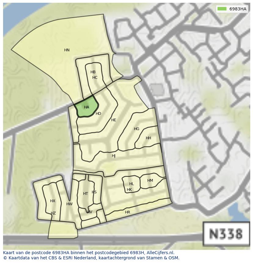 Afbeelding van het postcodegebied 6983 HA op de kaart.