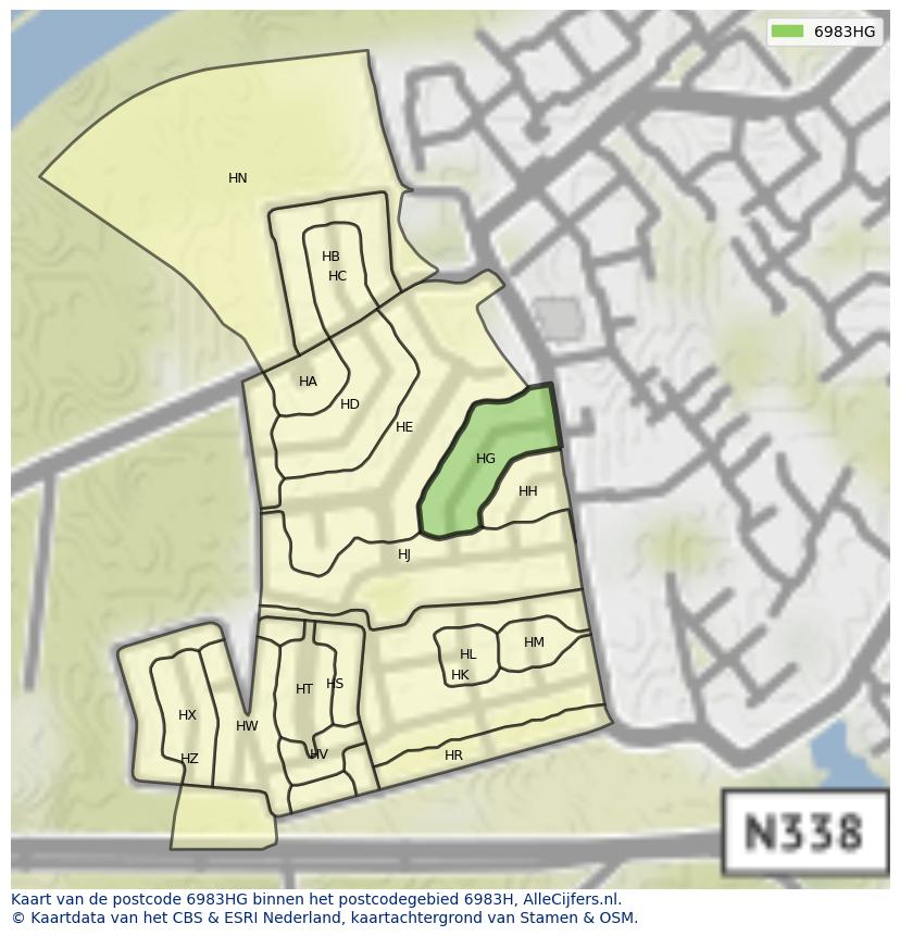 Afbeelding van het postcodegebied 6983 HG op de kaart.