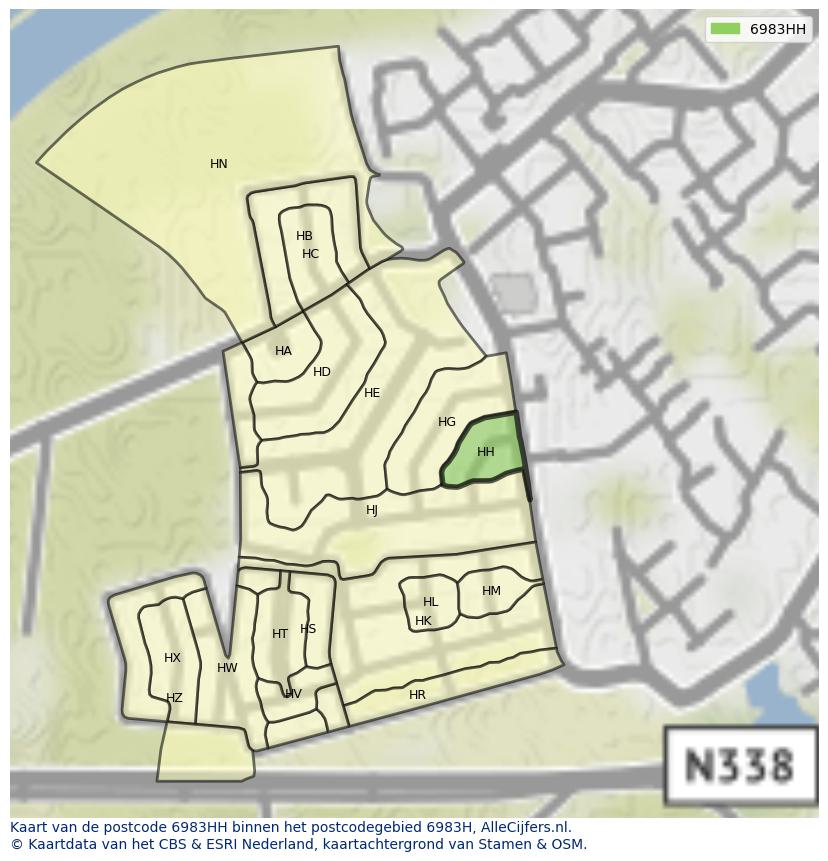 Afbeelding van het postcodegebied 6983 HH op de kaart.