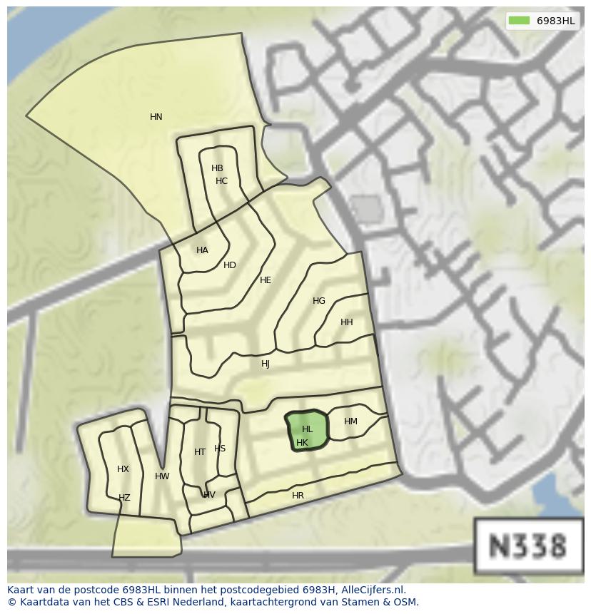 Afbeelding van het postcodegebied 6983 HL op de kaart.