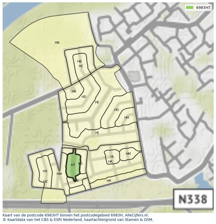 Afbeelding van het postcodegebied 6983 HT op de kaart.