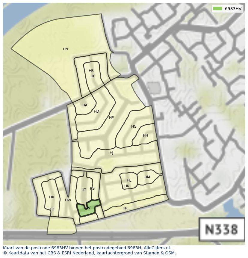Afbeelding van het postcodegebied 6983 HV op de kaart.