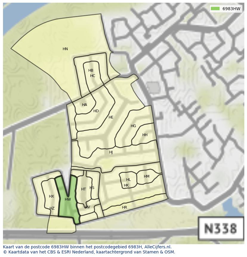 Afbeelding van het postcodegebied 6983 HW op de kaart.