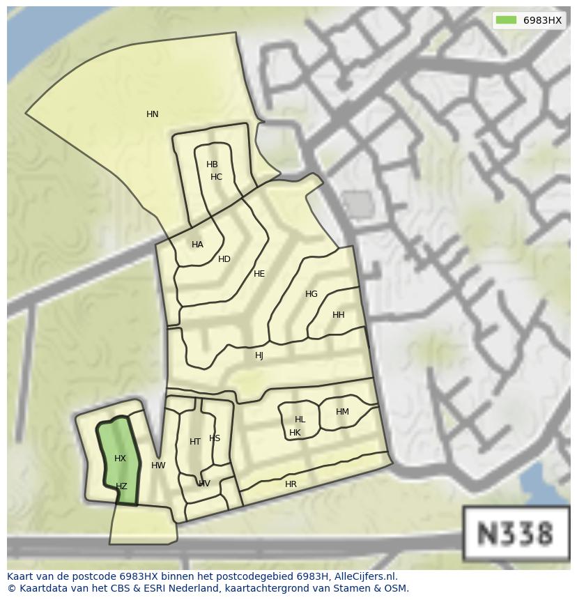 Afbeelding van het postcodegebied 6983 HX op de kaart.