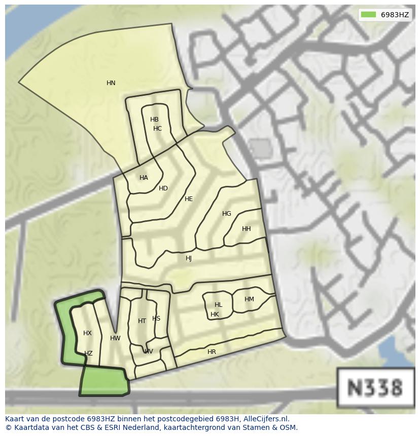 Afbeelding van het postcodegebied 6983 HZ op de kaart.