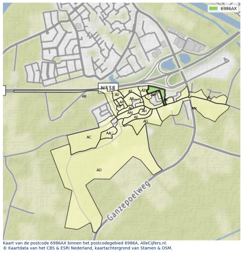 Afbeelding van het postcodegebied 6986 AX op de kaart.