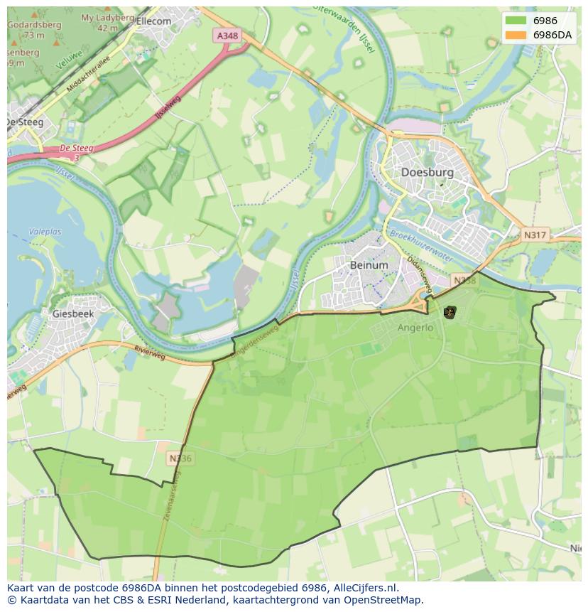 Afbeelding van het postcodegebied 6986 DA op de kaart.