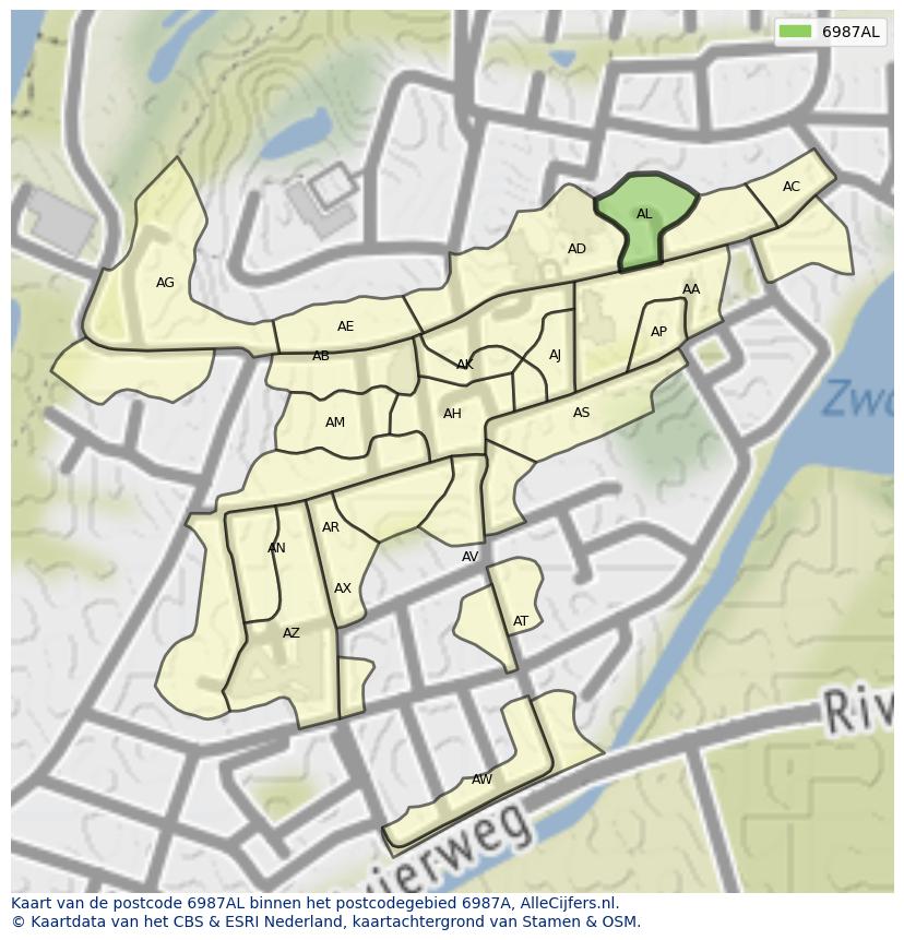 Afbeelding van het postcodegebied 6987 AL op de kaart.