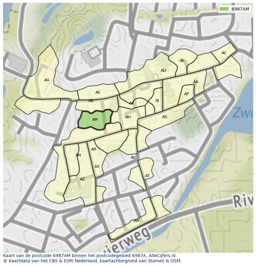 Afbeelding van het postcodegebied 6987 AM op de kaart.